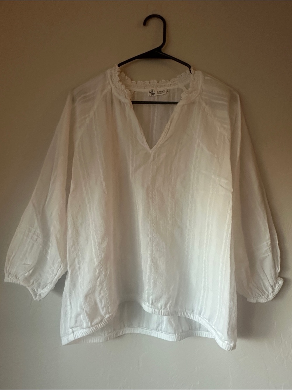 Carve Designs Organic Cotton White Peasant Blouse with V-Neck and Ruffle Trim